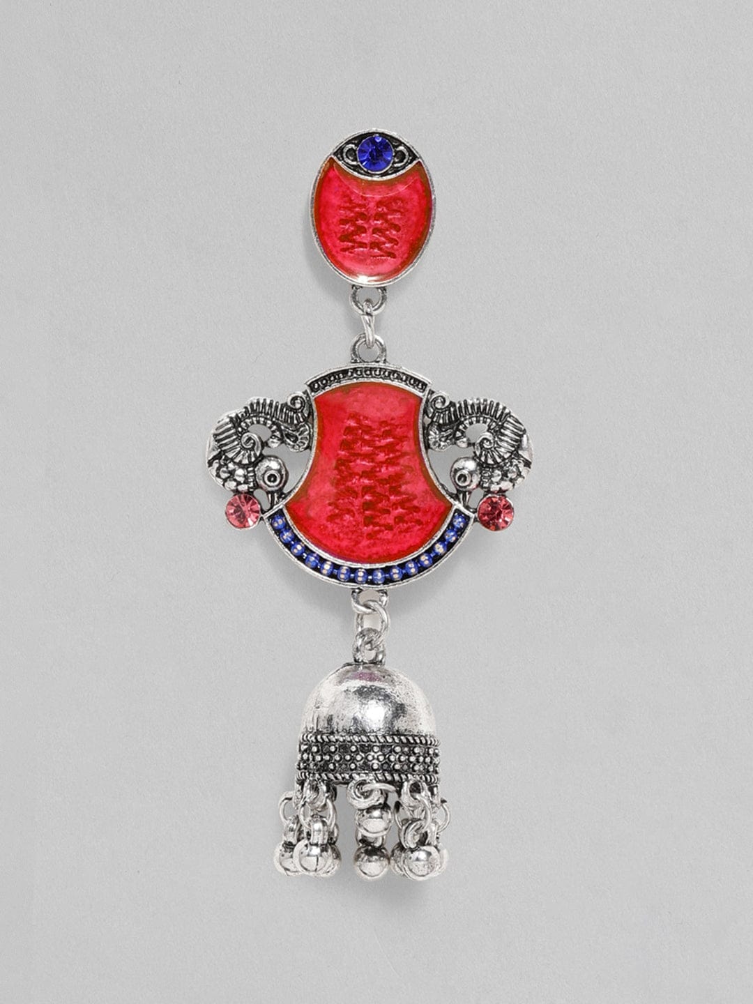 Oxidized Silver-Plated Red Enamel Jhumka Earrings with Peacock Motif Jhumka