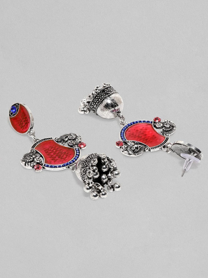 Oxidized Silver-Plated Red Enamel Jhumka Earrings with Peacock Motif Jhumka