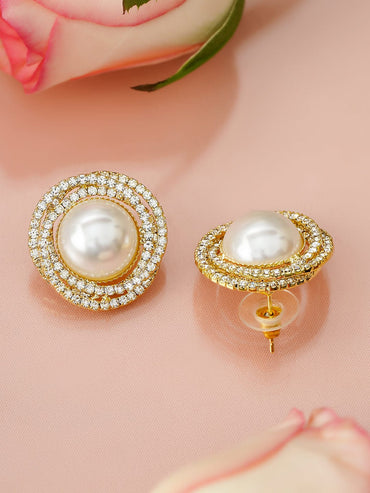 Pearl That Shimmer CZ Studs Earrings