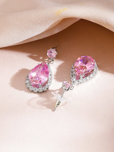 Pink American Diamond Zirconia Teardrop Necklace Set Jewellery Set