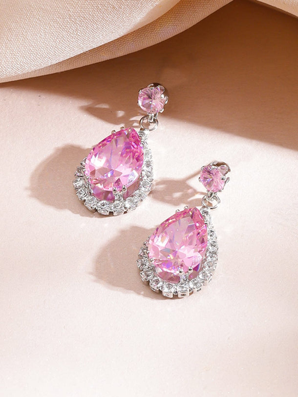 Pink American Diamond Zirconia Teardrop Necklace Set Jewellery Set