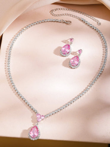 Pink American Diamond Zirconia Teardrop Necklace Set Jewellery Set