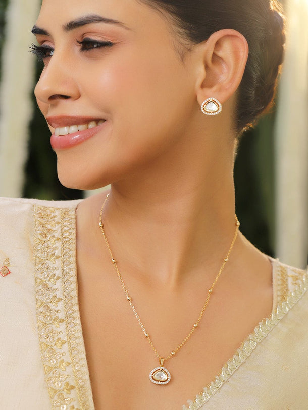 Polished Look American Diamond Zirconia Studded Pendant Set Necklace & Chains