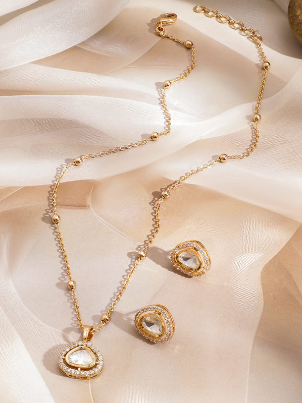 Polished Look American Diamond Zirconia Studded Pendant Set Necklace & Chains