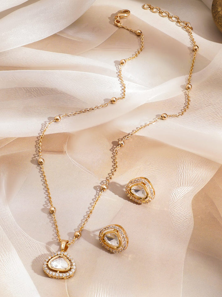 Polished Look American Diamond Zirconia Studded Pendant Set Necklace & Chains