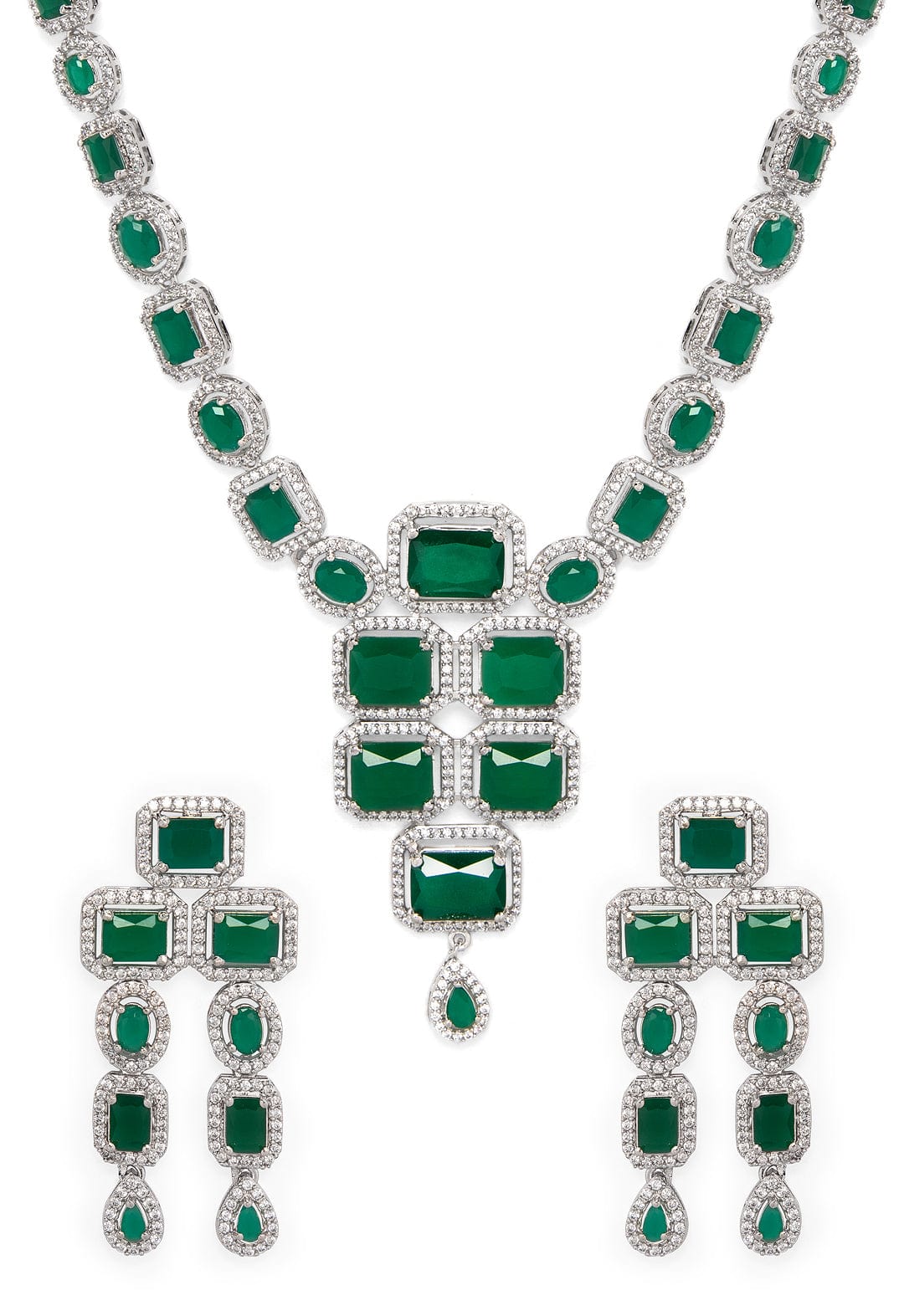 Pooja Sawant in Rubans LUXURY Silver-Plated Green Stone Studded Emerald Handcrafted Statement Necklace Necklace Set