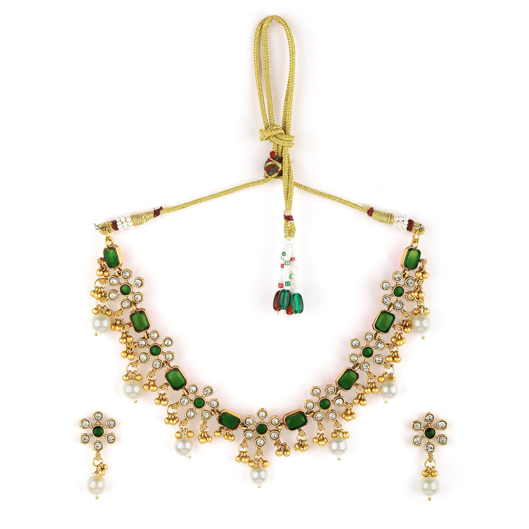 Premium 22K Gold Plated Emerald & Zirconia Studded Necklace Set with Gold & Pearl Beaded Necklace and Earrings