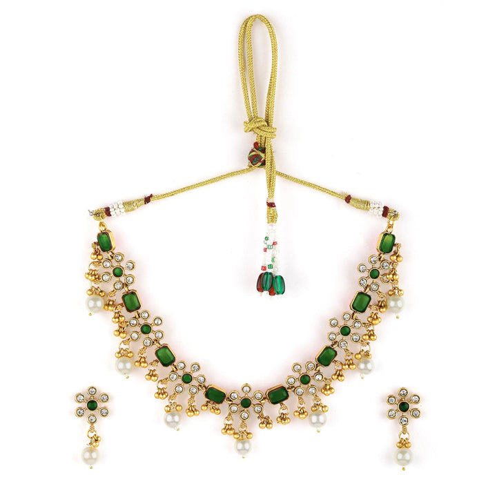 Premium 22K Gold Plated Emerald & Zirconia Studded Necklace Set with Gold & Pearl Beaded Necklace and Earrings