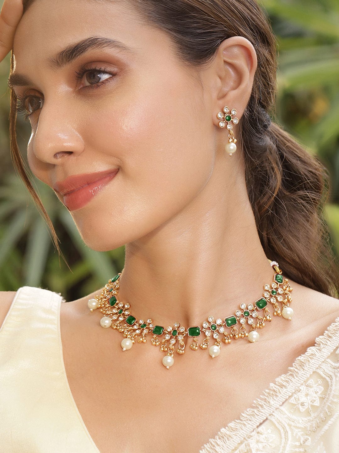 Premium 22K Gold Plated Emerald & Zirconia Studded Necklace Set with Gold & Pearl Beaded Necklace and Earrings