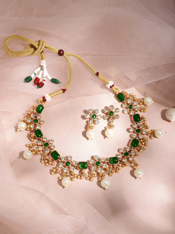 Premium 22K Gold Plated Emerald & Zirconia Studded Necklace Set with Gold & Pearl Beaded Necklace and Earrings