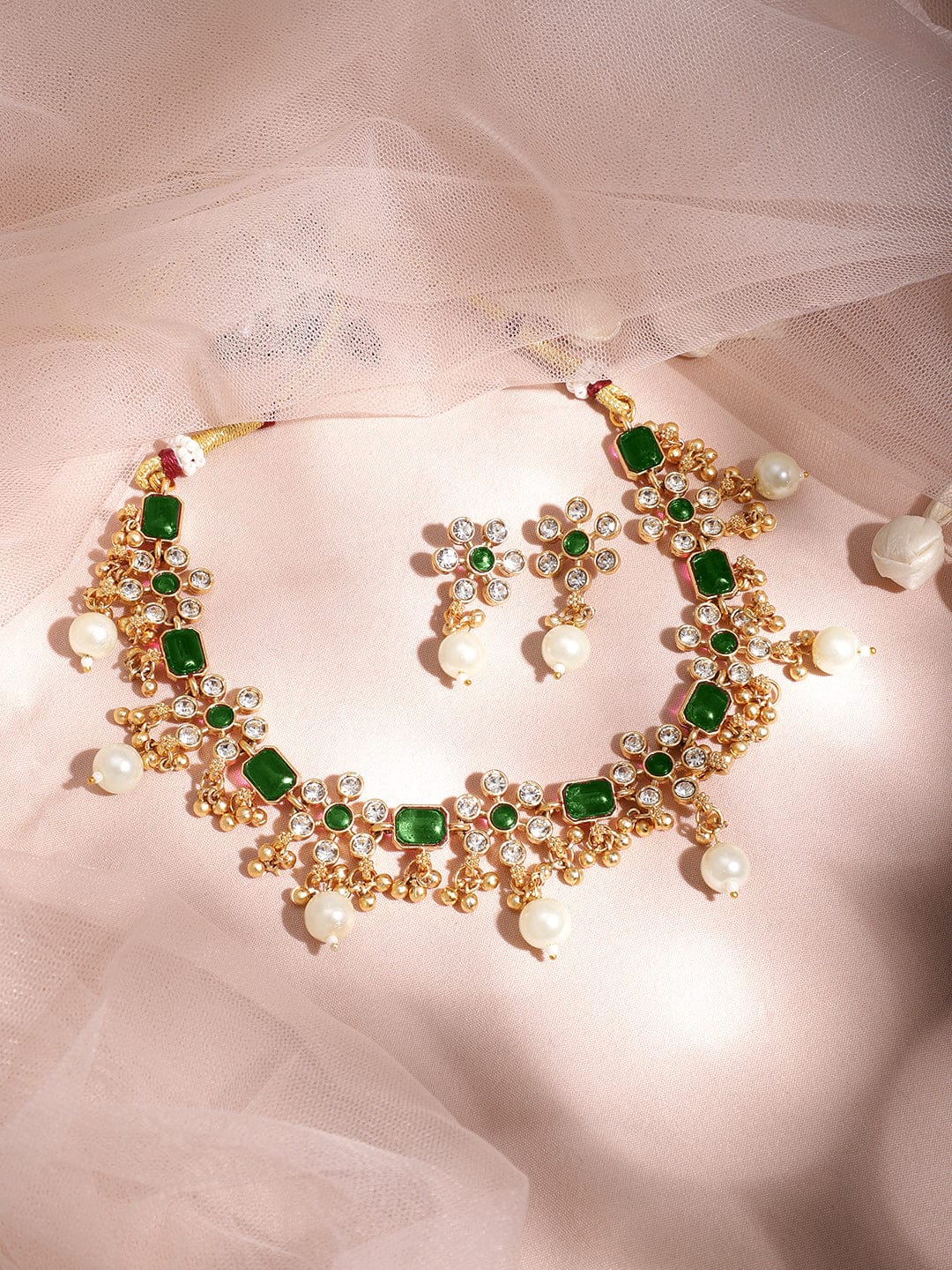 Premium 22K Gold Plated Emerald & Zirconia Studded Necklace Set with Gold & Pearl Beaded Necklace and Earrings