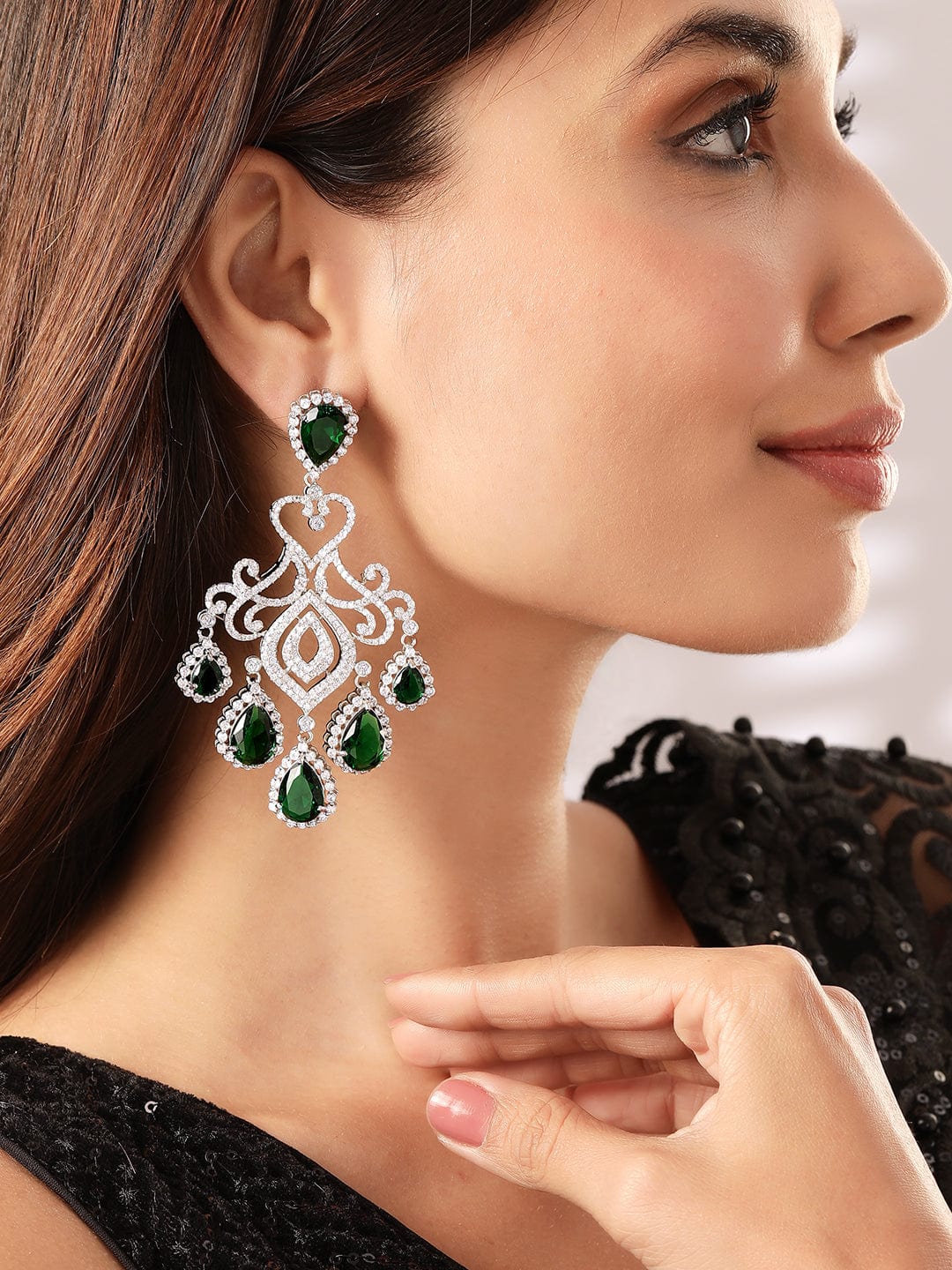 Premium Rhodium plated AAA Cubic Zirconia Emerald Green studded Statement chandelier Earring Earrings
