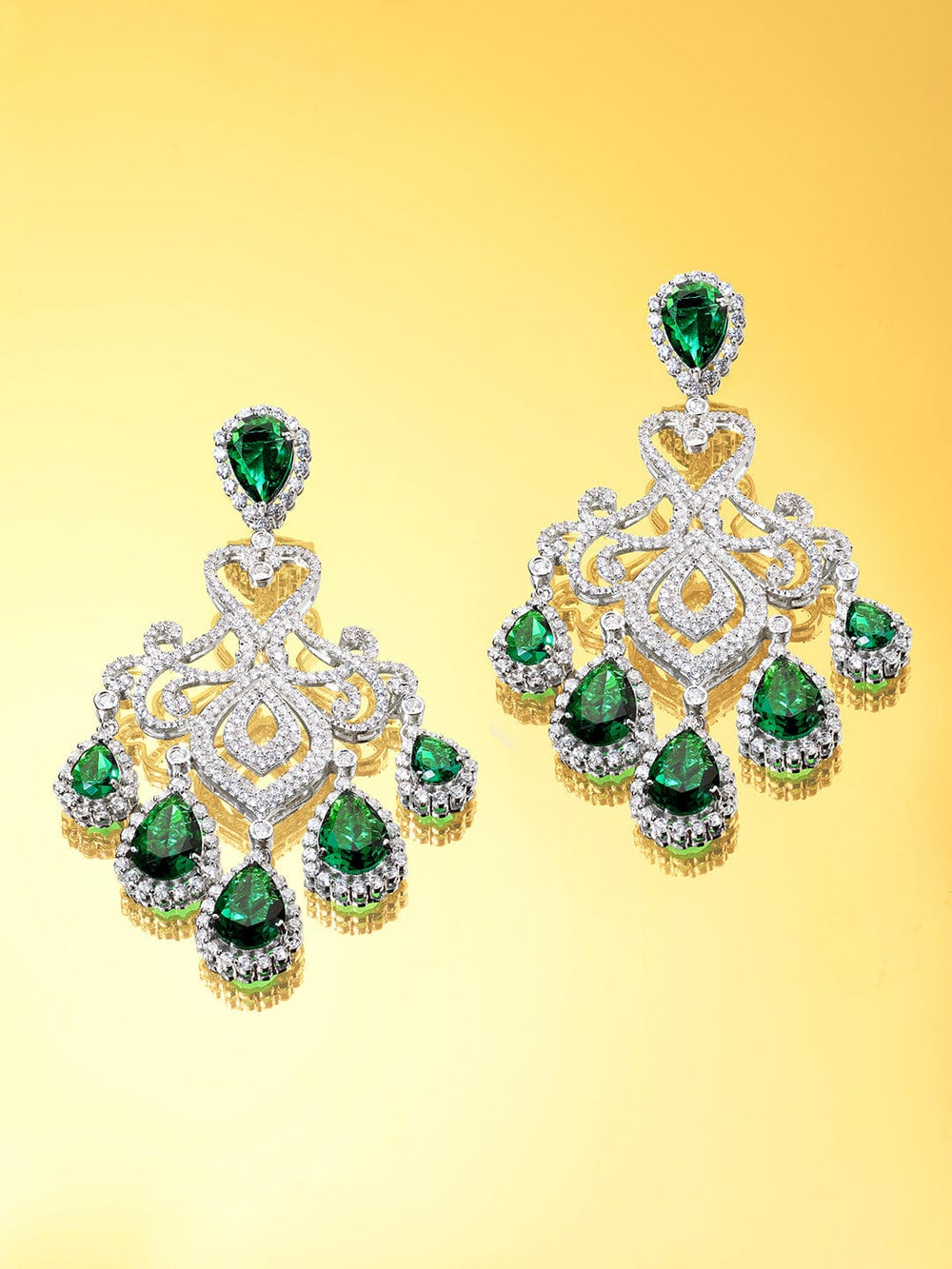 Premium Rhodium plated AAA Cubic Zirconia Emerald Green studded Statement chandelier Earring Earrings