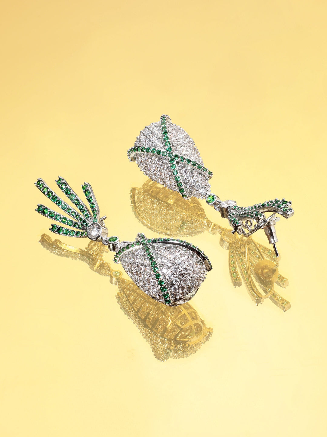 Premium Rhodium plated AAA Zirconia Studded Emerald Detail Luxury Drop Earrings Earrings