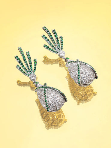 Premium Rhodium plated AAA Zirconia Studded Emerald Detail Luxury Drop Earrings Earrings