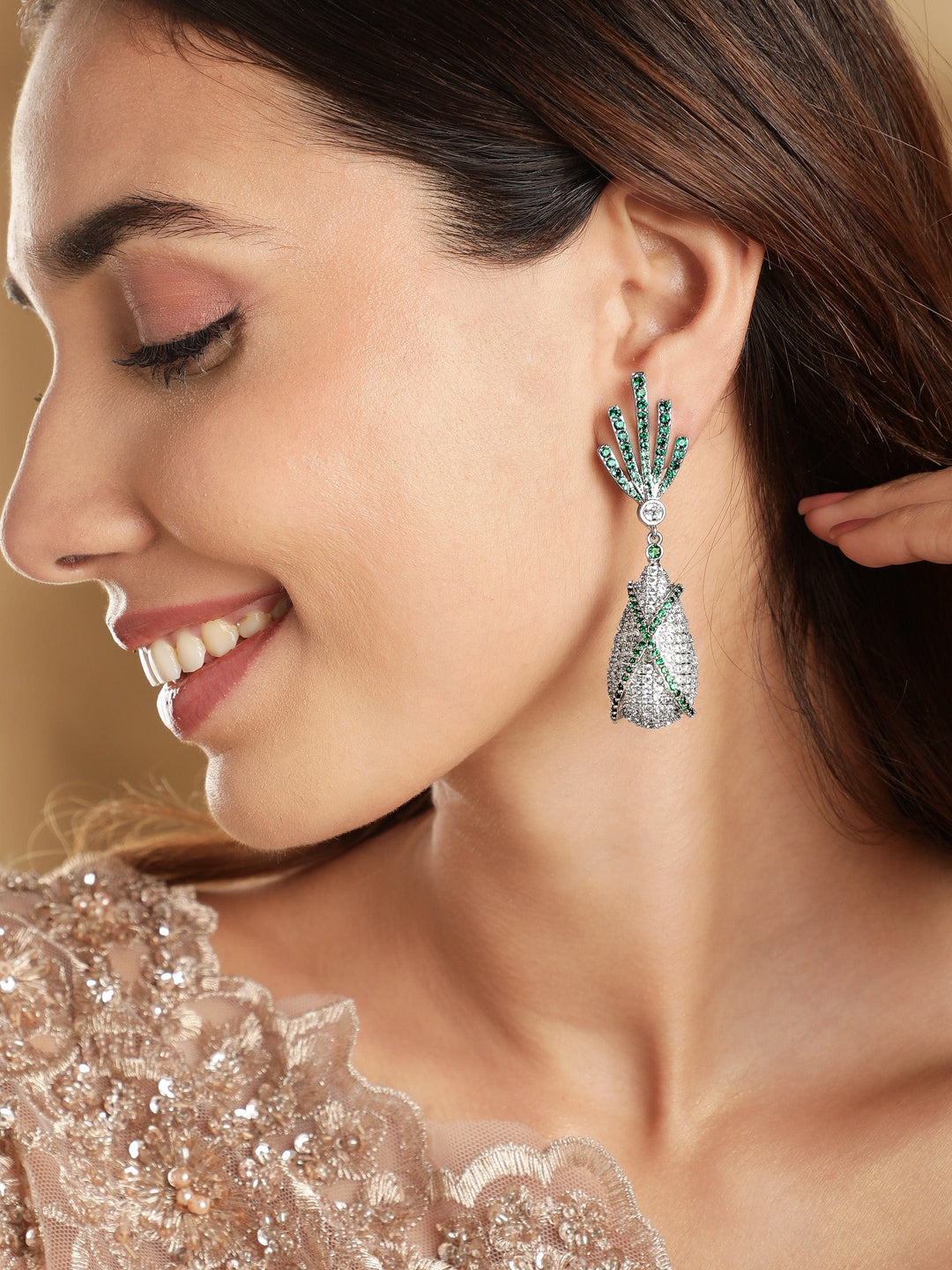 Premium Rhodium plated AAA Zirconia Studded Emerald Detail Luxury Drop Earrings Earrings