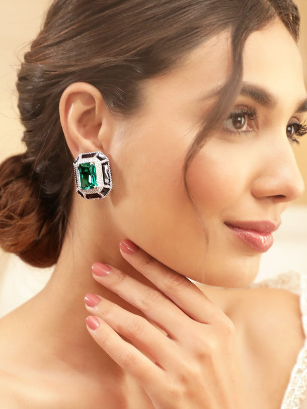 Premium Rhodium Plated Black enamel AAA Cubic Zirconia Aqua Blue Statement Stud Earrings Earrings