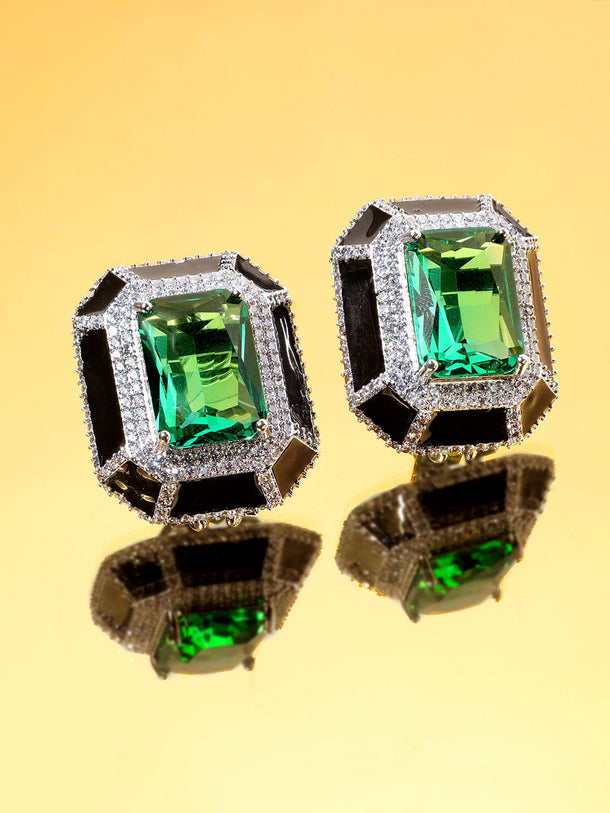 Premium Rhodium Plated Black enamel AAA Cubic Zirconia Aqua Blue Statement Stud Earrings Earrings