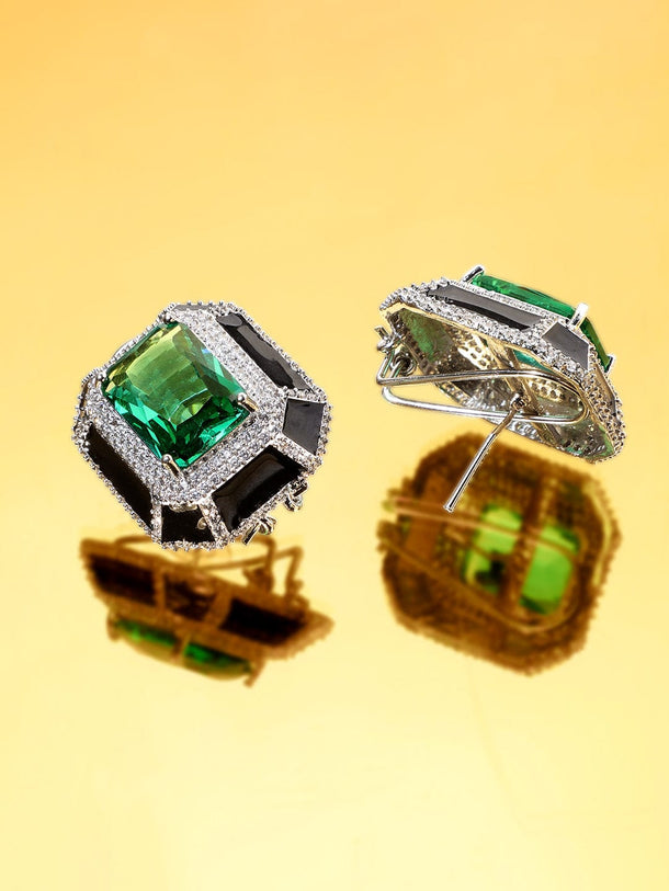 Premium Rhodium Plated Black enamel AAA Cubic Zirconia Aqua Blue Statement Stud Earrings Earrings