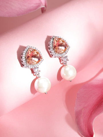Premium Rhodium Plated Champagne Topaz AAA Cubic Zirconia Pearl Dangle Earrings Earrings