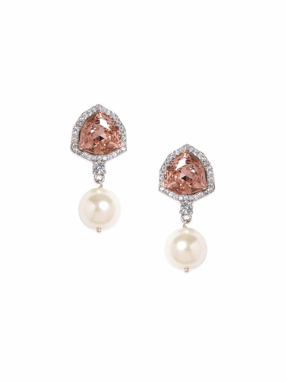 Premium Rhodium Plated Champagne Topaz AAA Cubic Zirconia Pearl Dangle Earrings Earrings