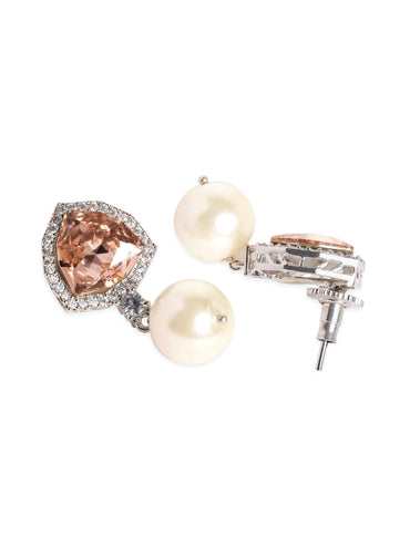Premium Rhodium Plated Champagne Topaz AAA Cubic Zirconia Pearl Dangle Earrings Earrings