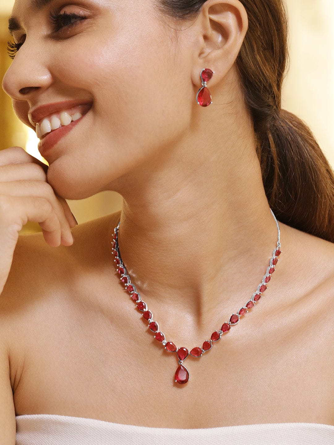 Premium Rhodium Plated Ruby Red Studded Statement Jewellery Set Jewellery Set