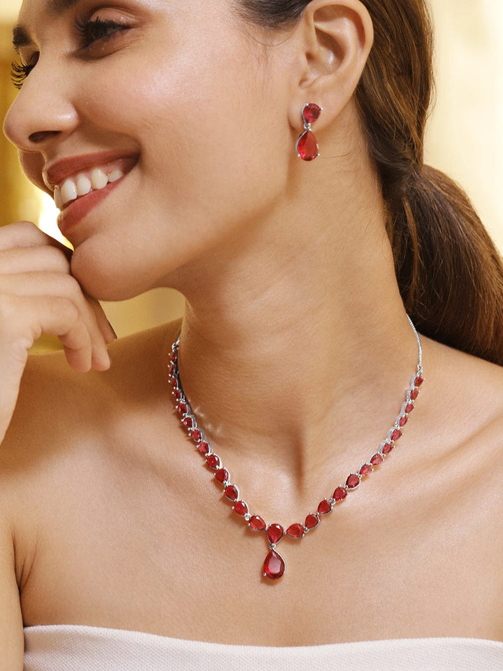 Premium Rhodium Plated Ruby Red Studded Statement Jewellery Set Jewellery Set