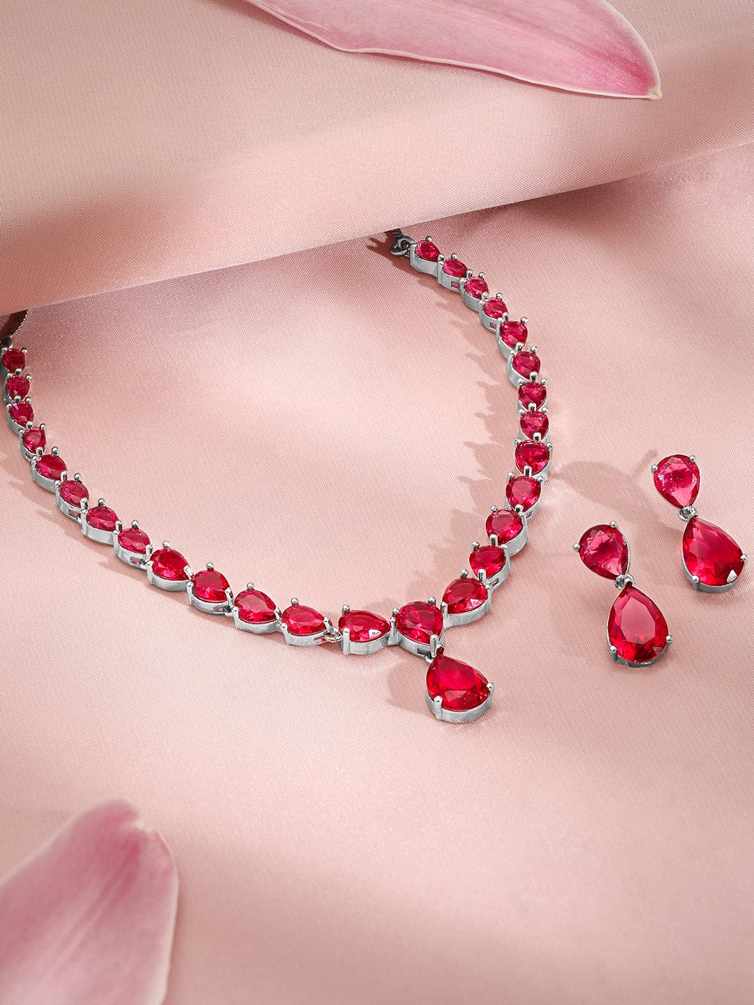 Premium Rhodium Plated Ruby Red Studded Statement Jewellery Set Jewellery Set