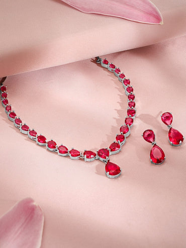 Premium Rhodium Plated Ruby Red Studded Statement Jewellery Set Jewellery Set