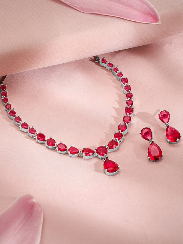Premium Rhodium Plated Ruby Red Studded Statement Jewellery Set Jewellery Set