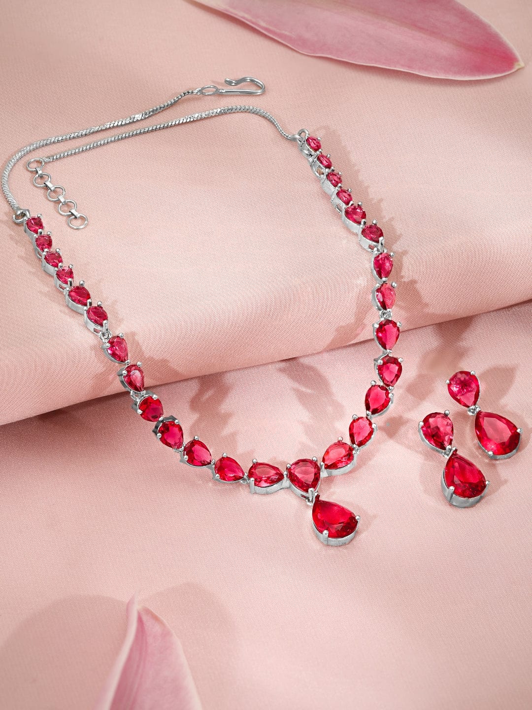 Premium Rhodium Plated Ruby Red Studded Statement Jewellery Set Necklace Set