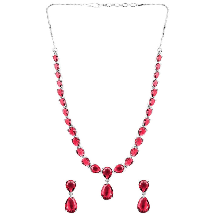 Premium Rhodium Plated Ruby Red Studded Statement Jewellery Set Necklace Set