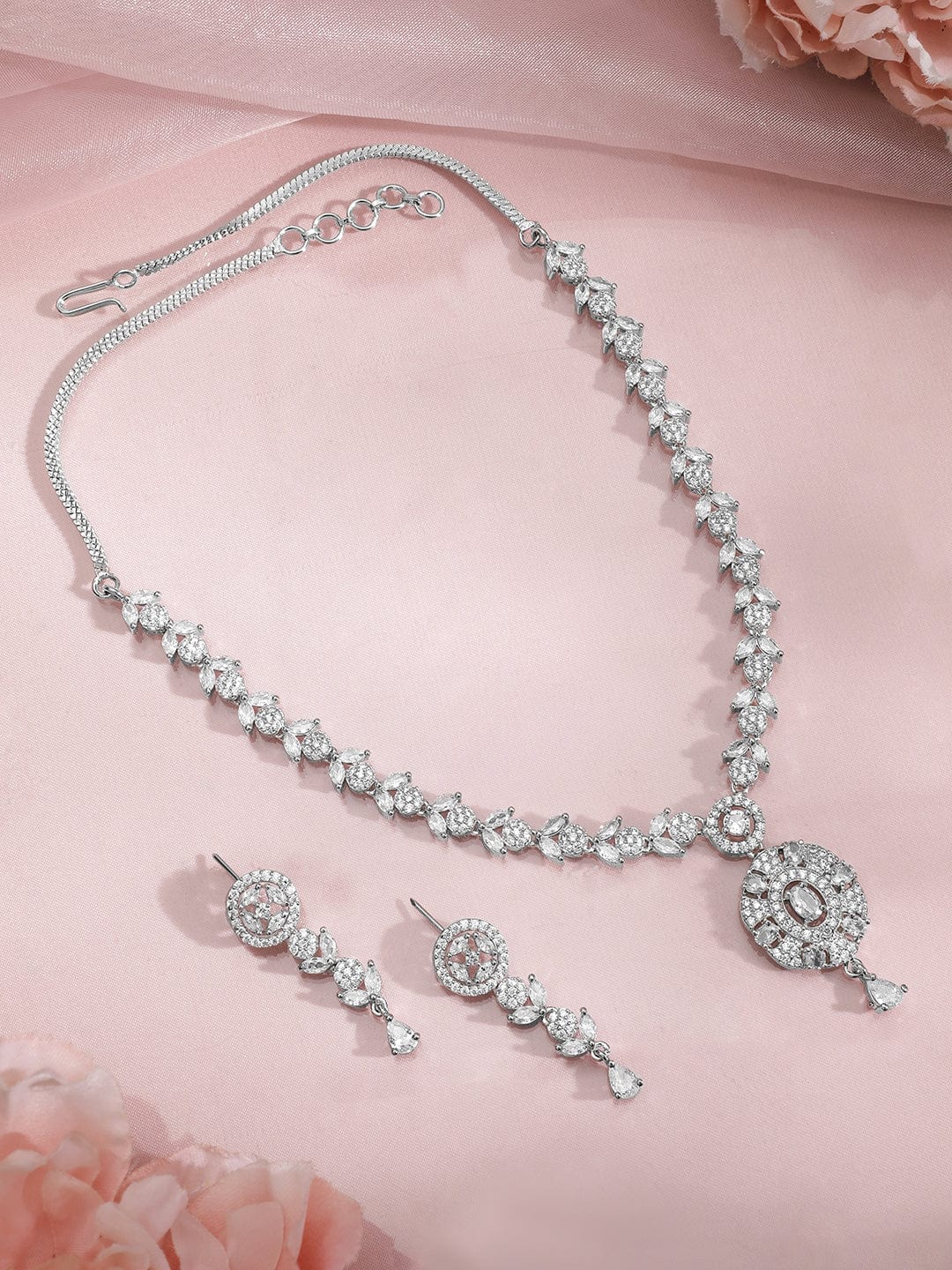 Premium Rhodium Plated White Cubic Zirconia Studded Necklace Set with Floral Design Necklace set