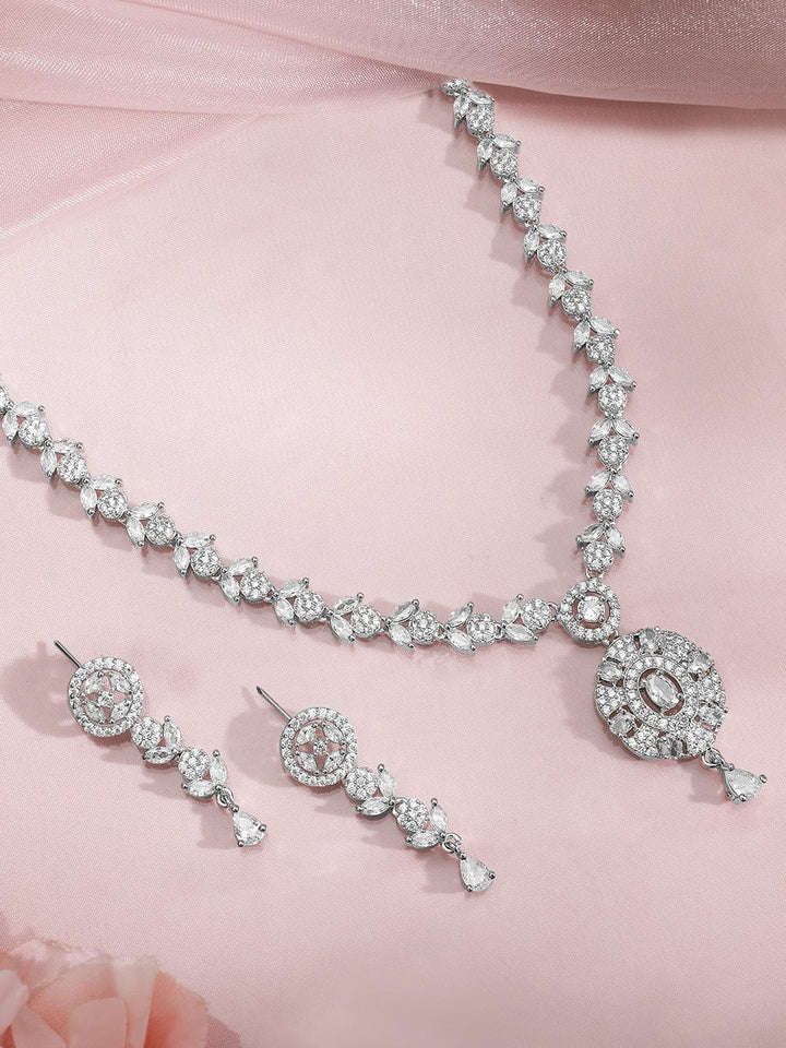 Premium Rhodium Plated White Cubic Zirconia Studded Necklace Set with Floral Design Necklace set