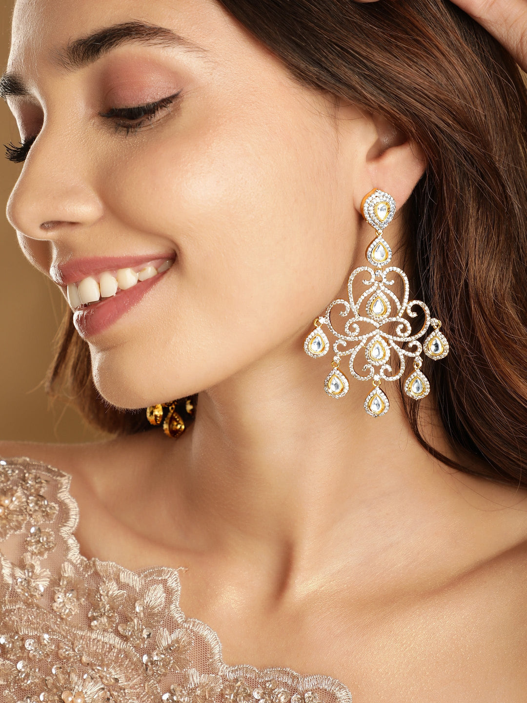 Premium Rhodium plated with gold detail AAA Cubic Zirconia & Kundan studded Luxury Chandelier Earrings Earrings