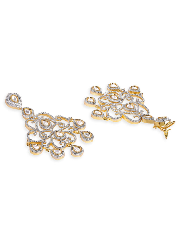 Premium Rhodium plated with gold detail AAA Cubic Zirconia & Kundan studded Luxury Chandelier Earrings Earrings