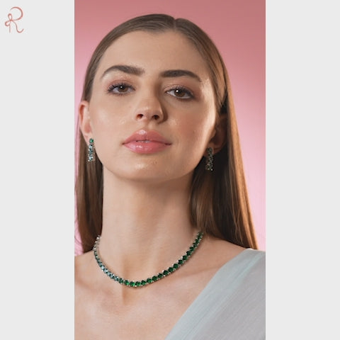 Rubans Silver Plated Emerald Green Stone Studded Necklace Set