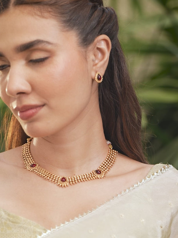 Gold-Tone Ruby Red Studded Necklace Set