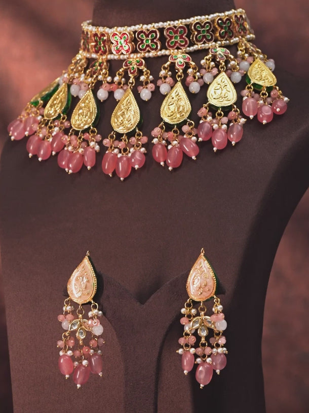 Rubans Luxury 24K Gold Plated Handcrafted Pink Enamel & Pachi Kundan with Pearls Beaded Necklace Set