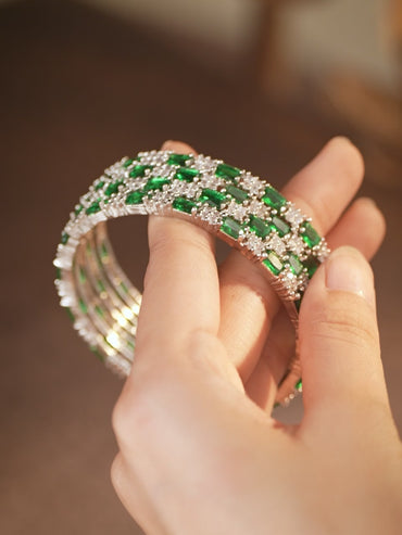 Rubans Set of 4 Rhodium-Plated Emerald Green & White Cubic Zirconia Studded Bangles