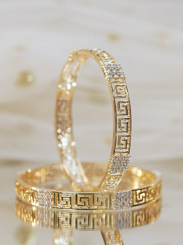 Rubans Set of 2, 22K Gold-Plated Greek Key Design & Cubic Zirconia Studded Handcrafted Bangles