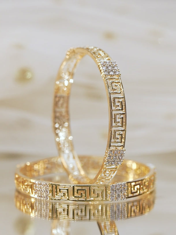 Rubans Set of 2, 22K Gold-Plated Greek Key Design & Cubic Zirconia Studded Handcrafted Bangles