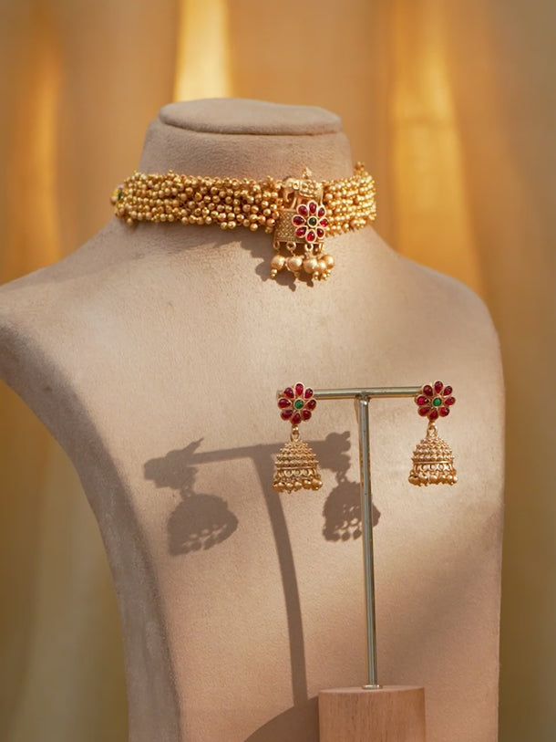 Rubans 24K Gold Plated Handcrafted Ruby Stone & Gold Ghungroo Temple Choker Set