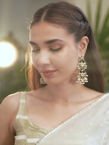 Rubans 18K Gold-Plated Kundan Studded Handcrafted Earrings with Pearl Beads and Jhumka Drops