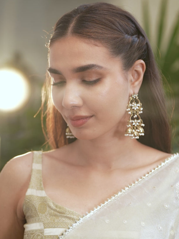Rubans 18K Gold-Plated Kundan Studded Handcrafted Earrings with Pearl Beads and Jhumka Drops