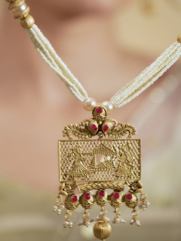 Rubans 22K Gold-Plated Ruby & White Pearl Beaded Multistrand Temple Motif Jewellery Set