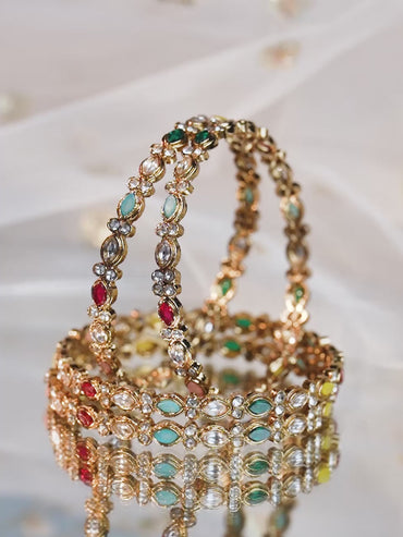 Rubans Set of 4 18K Mehandi Gold-Plated Multicolor Kundan & Gemstone Studded Bangles