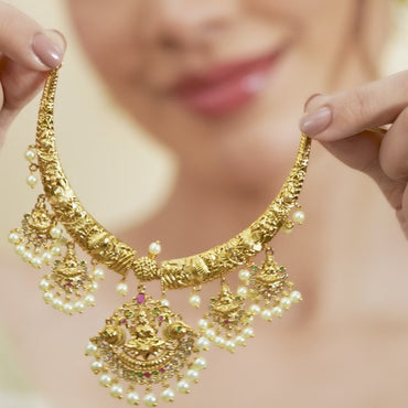 American Diamond Zirconia Necklace Set with Laxmi Motif