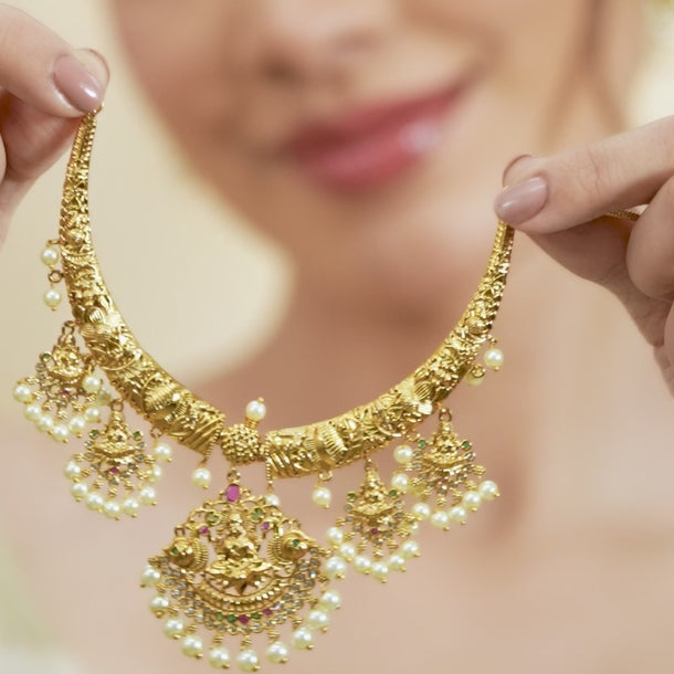 American Diamond Zirconia Necklace Set with Laxmi Motif